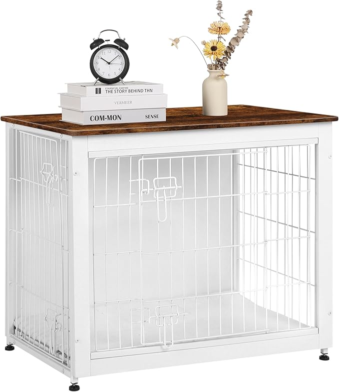 DWANTON Dog Crate Furniture with Cushion, Wooden Kennel Table with Double Doors, Indoor Dog House, Medium Size, 32.5" L, White+Rustic Brown-PurrikoPets