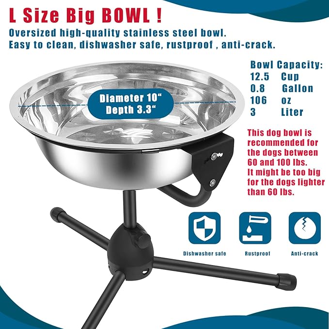 Elevated Dog Bowl with Adjustable Metal Stand,Large Size for Dogs Between 60 and 100 lbs, 0.8 Gal 3 Liter Stainless Steel Dog Food Bowl Water Bowl Height Adjustable Non-Slip Raised Dog Bowl Set-PurrikoPets