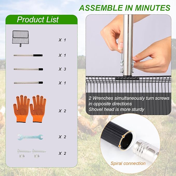 10inch Large Metal Chicken Poop Scooper, 36" to 75" Long Chicken Coop Litter Scoop with Stainless Steel Adjustable Handle, 4 in 1 Detachable Litter Sifting Shovel Scoop for Chicken Coop Accessories-PurrikoPets