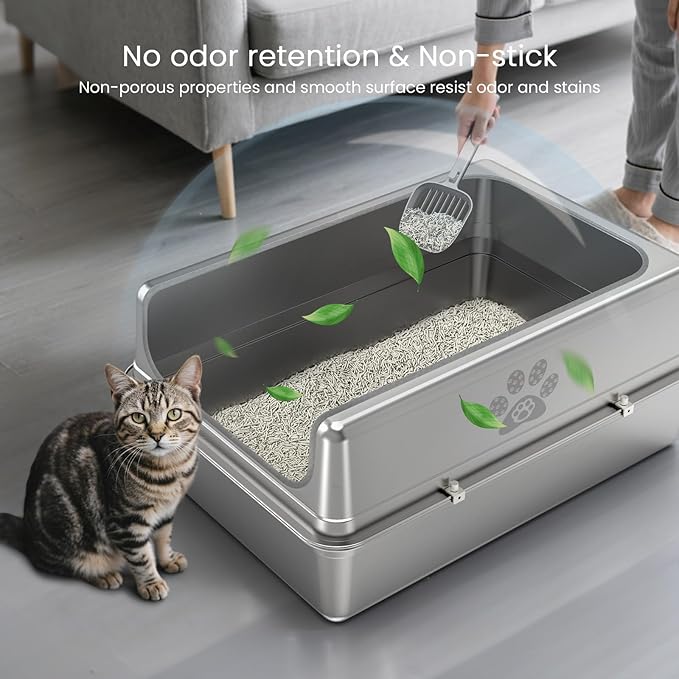 Enclosed Stainless Steel Cat Litter Box with Lid, Oversize Metal Litter Box for Multi Cats, Extra XXL Cat Toilet with High Side, Non-Stick, Anti-Leakage, Odorless, with Cat Litter Mat & Litter Scoop-PurrikoPets