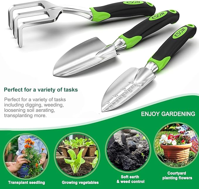 ESOW Garden Tool Set, 3 Piece Cast-Aluminum Heavy Duty Gardening Kit Includes Hand Trowel, Transplant Trowel and Cultivator Hand Rake with Soft Rubberized Non-Slip Ergonomic Handle, Garden Gifts-PurrikoPets