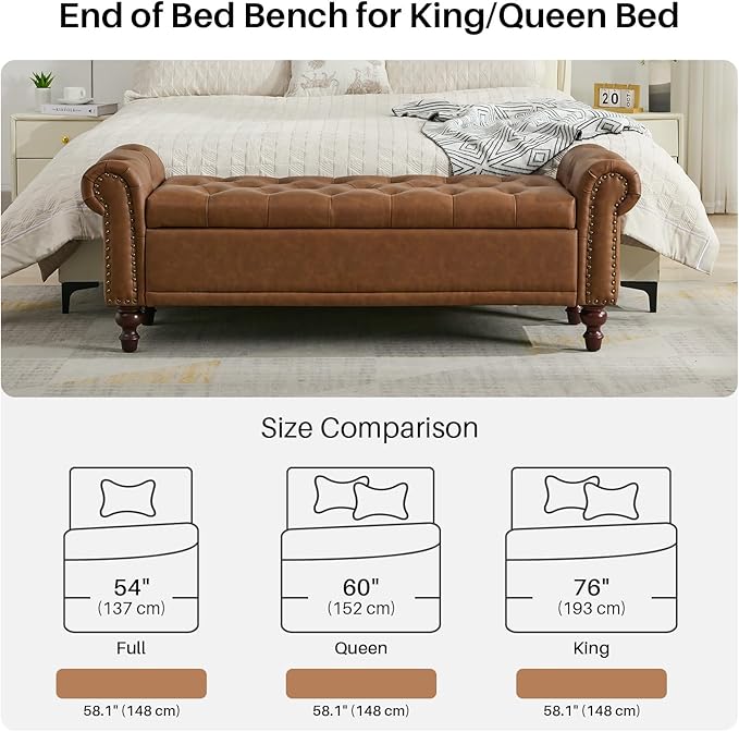 58.1'' Storage Bench Upholstered PU Leather End of Bedroom Bed Bench Ottoman with Tufted Cushioned Rolled Arm Large Storage Space for Reading Living Room Entryway, Brown-PurrikoPets