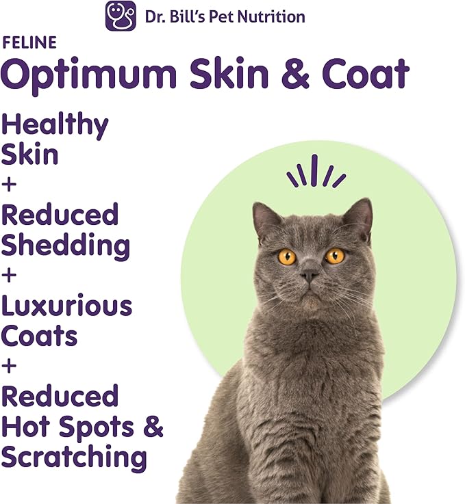 Dr. Bill’s Feline Optimum Skin & Coat – Fish Oil Omega-3 Fatty Acids for Cats Healthy Fur | Reduce Shedding and Hairballs with Biotin, Type I & III Marine Collagen, Hyaluronic Acid, & Folic Acid-PurrikoPets