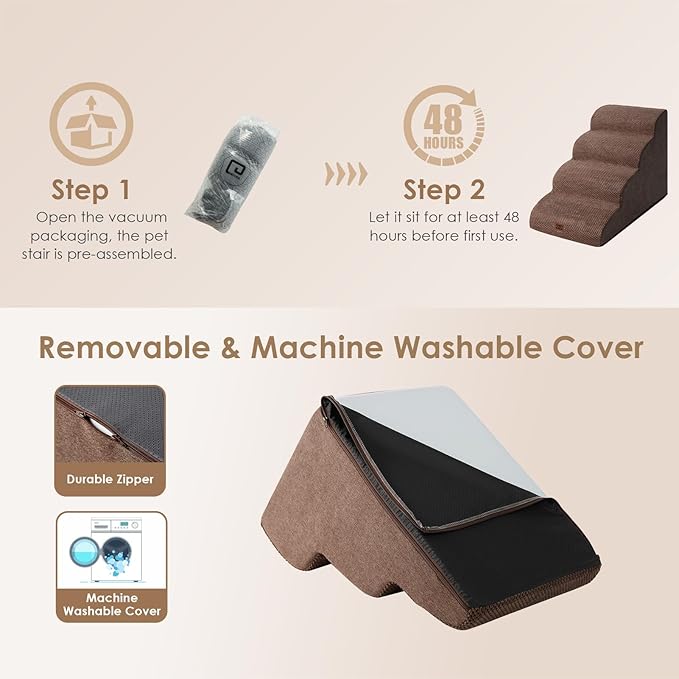 EHEYCIGA Curved Dog Stairs Ramp for High Beds 19.7" H, 4-Step Dog Steps for Small Dogs and Cats, Pet Stairs for High Bed Climbing, Non-Slip Balanced Pet Step Indoor, Brown-PurrikoPets