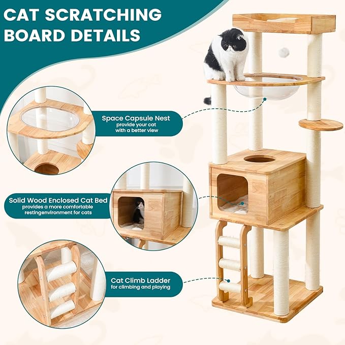 65-inch Tall Cat Tree，Cat Tower for Indoor Cats with Feel-Safe Enclosed Cat Cave、Scratching Post、Space Capsule Nest and Cat Ladder-PurrikoPets