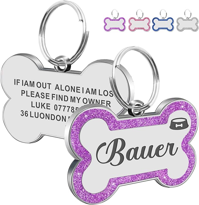 Dog Tags Personalized for Pets Dog Name Tags Personalized Dog Tag Engraved with Any Name & Text Custom Dog ID Tags Glitter Bone ID Tag for Puppy Cat (Purple S, Bone)-PurrikoPets