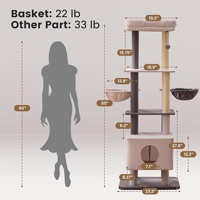 Gardner Pet 65in Heavy Duty Cat Tree Tower for Large Cats, Multi-Level Cat Furniture with Replaceable Sisal Scratching Post, Hammock | Extra-Large Platform & Condo Easy to Clean (Corduroy)-PurrikoPets