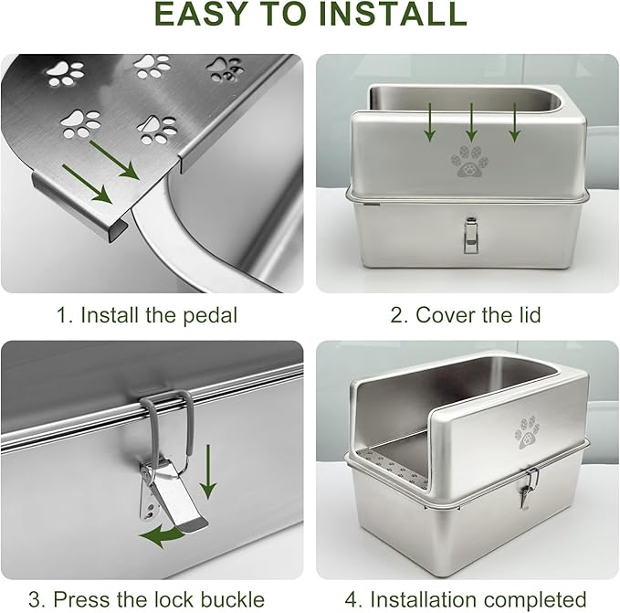 Enclosed Stainless Steel Cat Litter Box with Lid, XL Metal Litter Box for Big Cats, Extra Large Cat Toilet with High Side, Non-Stick, Anti-Leakage, Odorless, with Cats Litter Mat & Litter Scoop-PurrikoPets