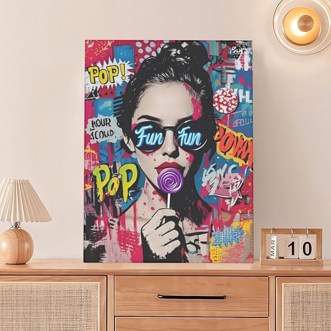 Fashion Women Wall Art Glam Modern Artwork for Girls Banksy Street Graffiti Pop Art Canvas Pictures Painting Print Framed Decorations Gifts for Bedroom Living Room Office 12"x16"-PurrikoPets