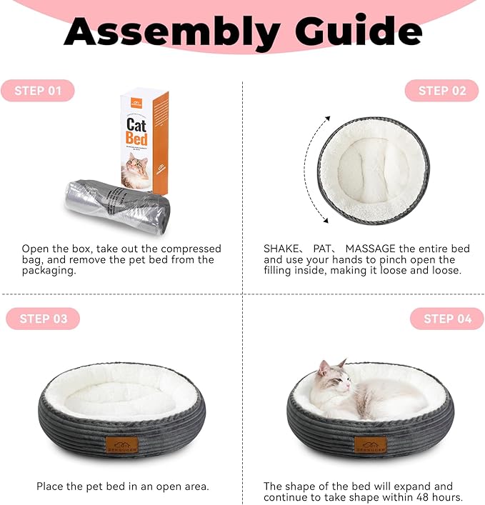 20in Washable Cat Beds for Indoor Cats - Round Donut Pet Bed for Cats, Small Dogs, Puppy, Kitten - Anti-Slip Bottom, Calming Bed Gift - Dark Grey-PurrikoPets