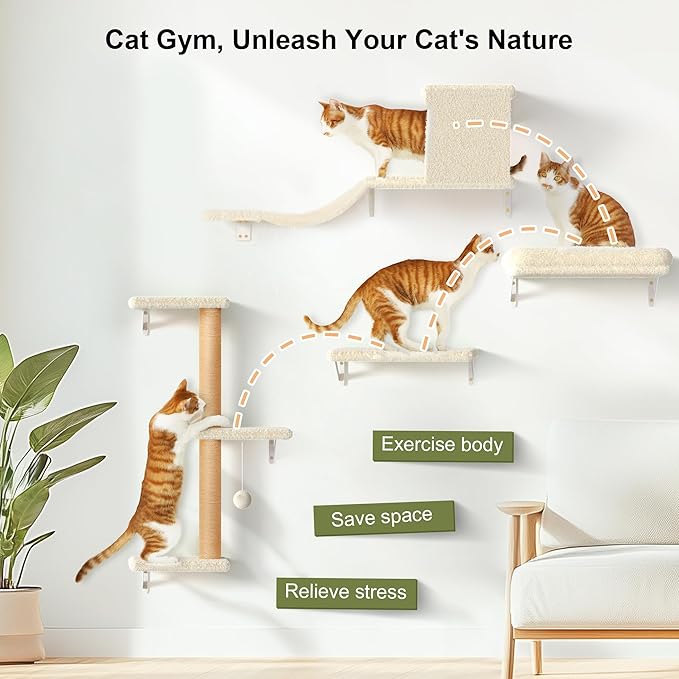 FUKUMARU Cat Wall Shelves, Stable & Safe 4 in 1 Large Cat Walls Furniture Set, Wooden Kitten Climbing Wall with Scratching Post for 16 Inch Drywall - Beige-PurrikoPets