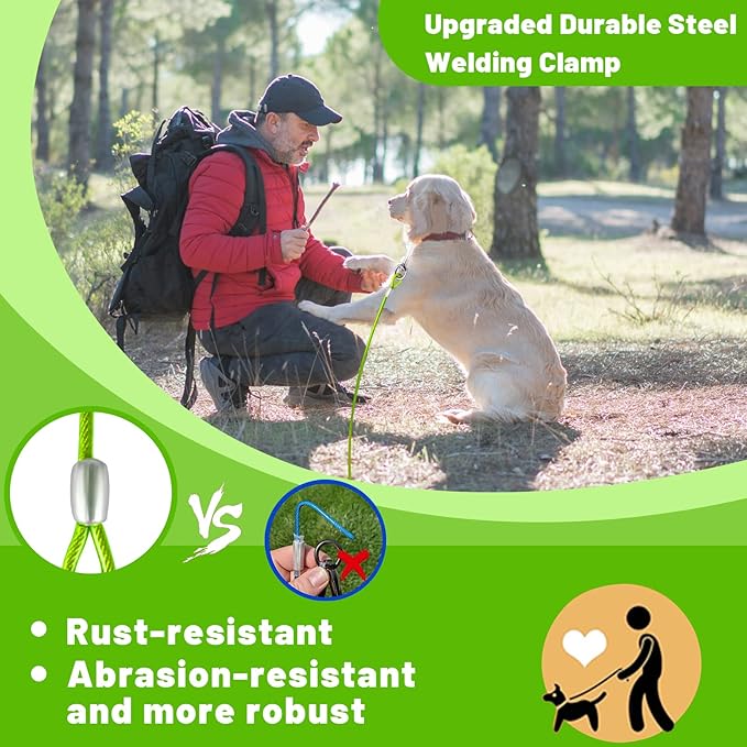 Dog Tie Out Cable 10/15/20/25/30 FT Runner for Yard Steel Wire Cable with Durable Superior Clips Green Chains for Outside Dog Lead for Large Up to 165 Lbs-PurrikoPets