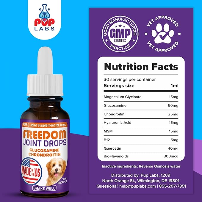Freedom Joint Drops - Dog Joint Support Supplement with Human-Grade Ingredients - No Fillers, Preservatives, Additives, or Artificial Ingredients, 3 30 ml Droppers-PurrikoPets