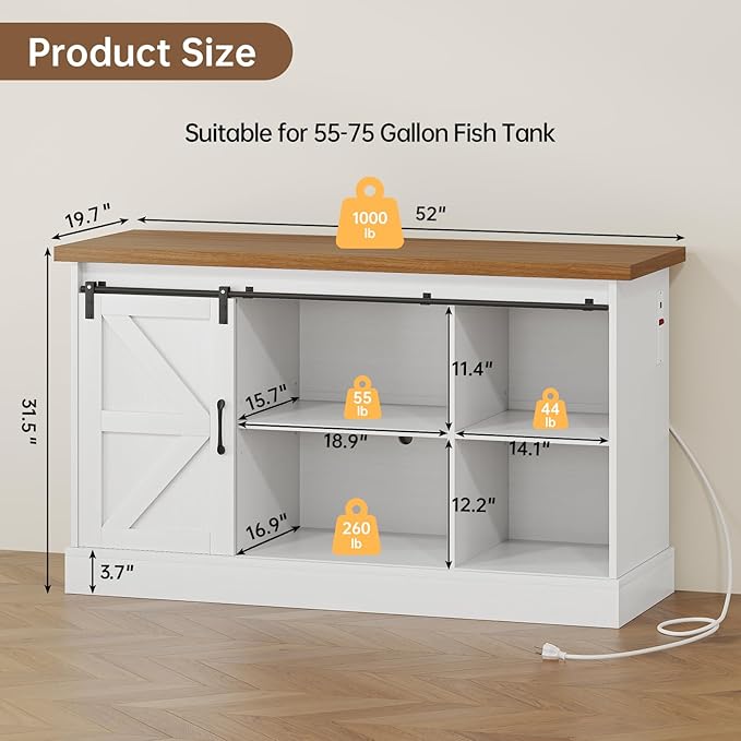 55-75 Gallon Fish Tank Stand with Sliding Barn Doors & Power Outlet, Heavy Duty Aquarium Stand with Cabinet Storage for Fish Tank, Turtle Tank, Reptile Terrarium, 1000LBS Capacity, White-PurrikoPets