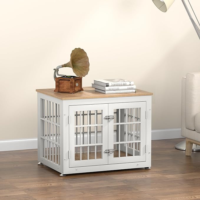 26 Inch Heavy Duty Dog Crate Furniture for Small Dogs, Decorative Pet House End Table, Wooden Cage Kennel Furniture Indoor, White and Natural-PurrikoPets