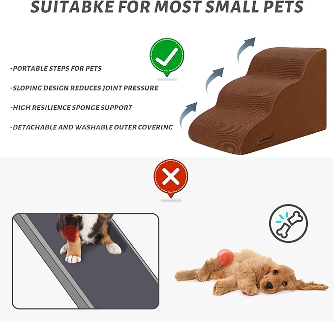 3-Step Dog Ramp and Stairs for Sofa and Chair - Non-Slip Sturdy Pet Steps for Small Dogs and Cats,15.7" H,Brown-PurrikoPets