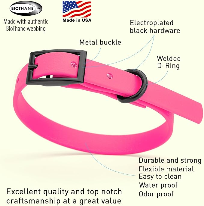 Dogline Biothane Waterproof Dog Collar Strong Coated Nylon Webbing with Black Hardware Odor- Proof for Easy Care Easy to Clean High Performance Fits Small Medium or Large Dogs, Passionfruit Pink-PurrikoPets