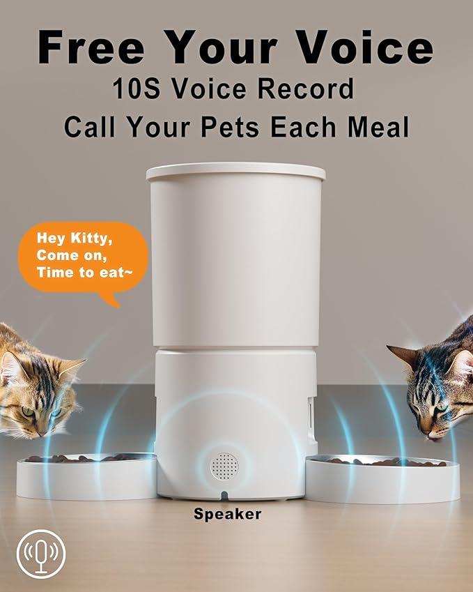 Dual Automatic Cat Feeder 2 Cats,6 Meals/Day,12 Portions/Meal,4.2L Dual Power Double Bowls Feeder,Dry Food Auto Pet Dispenser,10S Voice Record,Flexible Schedule Timer(White,Stainless Dual Bowls)-PurrikoPets