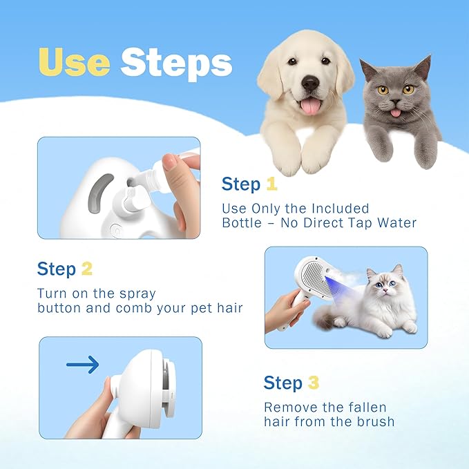 4-in-1 Pet Grooming Steam Brush for Cats & Dogs – Steam Spray, Blue Light, Hair Removal, Self-Cleaning Comb – Includes Pet Waterless Shampoo-PurrikoPets