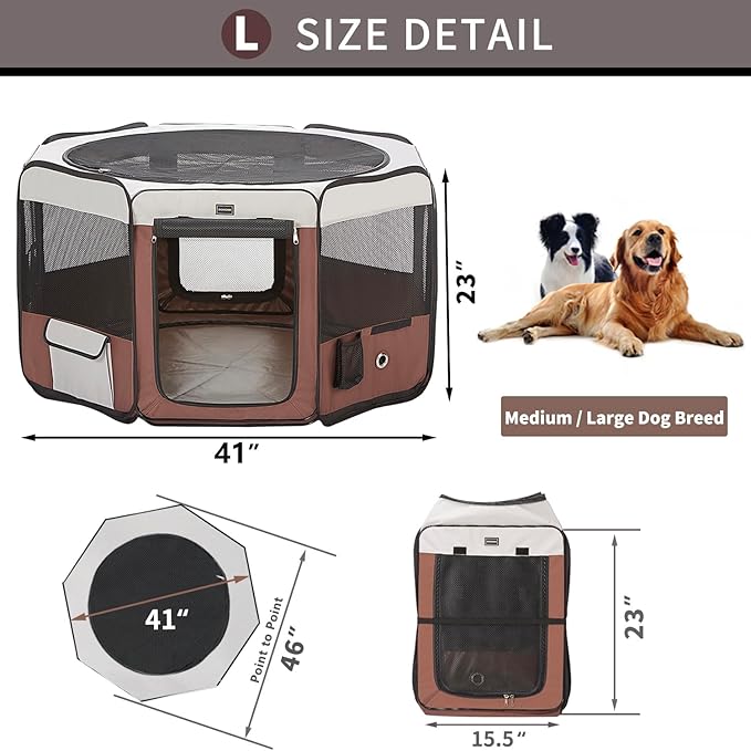 DONORO Dog Playpen 46" Portable Pet Play Pens for Small Medium Dogs, Foldable Exercise Kennel Tent Crate Indoor/Outdoor Travel Camping, Removable Top/Bottom (Brown, Large (46"x46"x23"), 8)-PurrikoPets