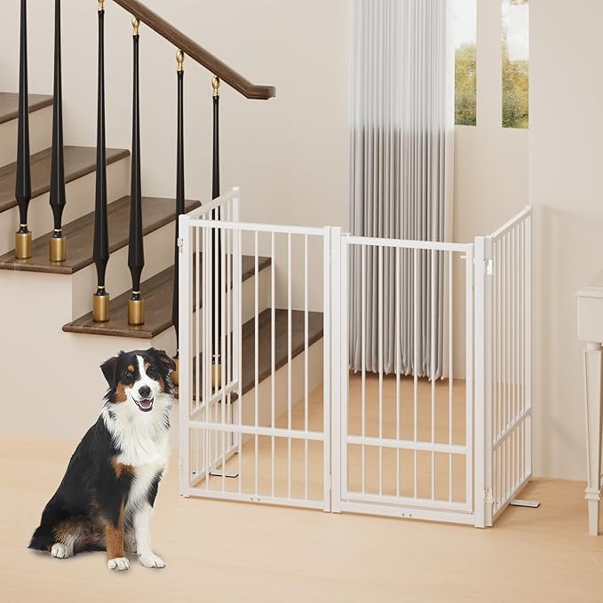 Full Metal Freestanding Dog Gate with Door, 36''Height Foldable Pet Dog Fence for Indoor & Outdoor, 4 Panels Extra Wide Free Standing TallDog Gates for Doorways,House,Stairs,Porch,Deck,Yard-PurrikoPets