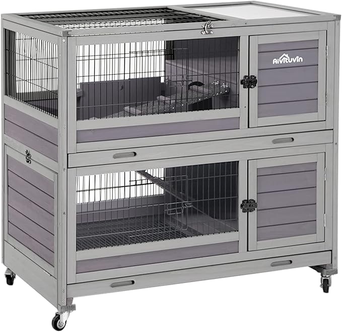 Aivituvin Rabbit Hutch Rabbit Cage Outdoor & Indoor on Wheels Bunny cage with Deep No Leak Pull Out Tray,Upgrade Version (Gray)-PurrikoPets