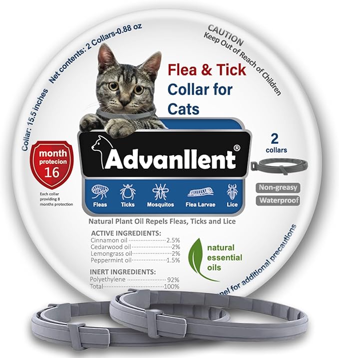 Flea Collar for Cats, Flea and Tick Collars for Kittens, Flea & Tick Treatment Prevention, Natural Essential Oil, 2 Pack, 16 Months Protection, One Size Fits All, Waterproof-PurrikoPets