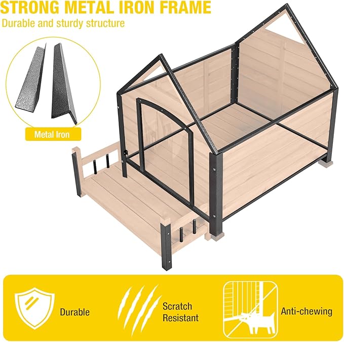 AIVITUVIN Dog House Outdoor Anti-Bite Metal Frame Design Wooden Dog Kennel Outside with Elevated Floor Weatherproof (Brown, 45" D x 32.9" W x 32.6" H)-PurrikoPets