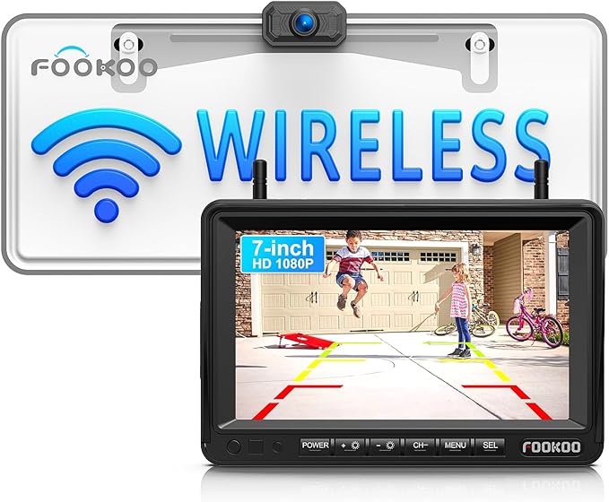 Fookoo HD 1080P 7-inch Wireless Backup Camera, 7" Split Screen Monitor + Rear View Licence Plate Camera, DIY Guide Lines Wide Angle IP69 Waterproof Easy to Install for Car Pickup Van SUV - DW7CT-PurrikoPets
