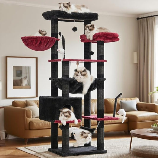 Gothic Cat Tree, Cat Tower for Large Cats with 2 Big Platforms, 2 Baskets, condo and Toys, 63" Cat Scratching Posts for Indoor Cats, Black and red GCT020BR-PurrikoPets