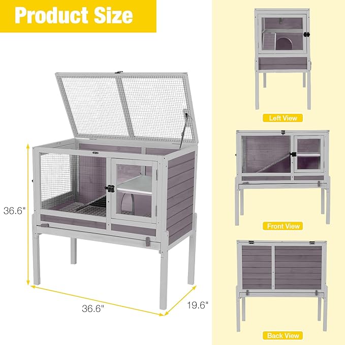 Aivituvin Rabbit Hutch with Stand Wooden Bunny Cage Indoor 2 Story Guinea Pig House with Anti Chew Ramp, No Leak Tray, Hideout, Wire Mesh (Gray)-PurrikoPets
