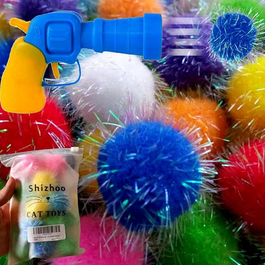 30 Pieces Sparkle Pom Pom Balls with Ball Bloster for Cat - Interactive Glitter Balls, Multicolor, Size of 1.2 inches, Best as Kitten Play Toys-PurrikoPets