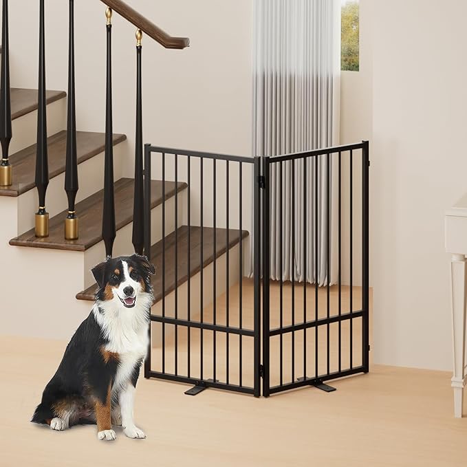 Full Metal Freestanding Dog Gate with Door, 36''Height Foldable Pet Dog Fence for Indoor & Outdoor, 2 Panels Extra Wide Free Standing TallDog Gates for Doorways,House,Stairs,Porch,Deck,Yard-PurrikoPets