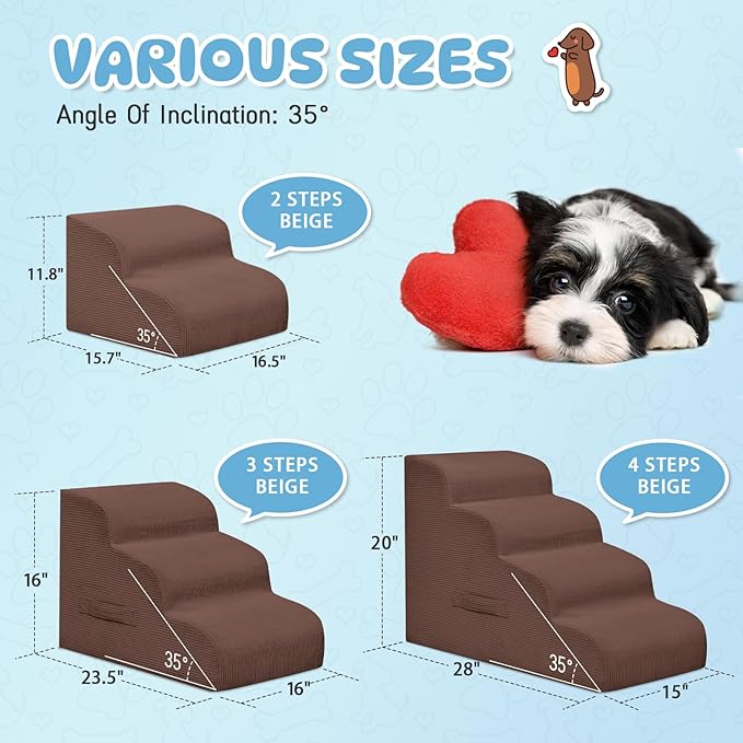 Dog Stairs & Steps for High Beds, 2 Steps High Density Foam Waterproof Dog Ramp for Small Dogs and Cats, Pet Stairs with Washable Cover for Bed, Couch, Sofa and Car, Coffee (H: 11.8")-PurrikoPets