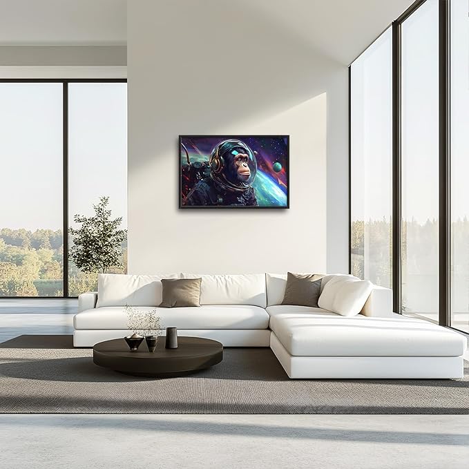 Framed Large Monkey Astronaut Wall Art, Oversized Chimpanzee Spacemen Wall Decor for Living Room, Outer Space Canvas Painting Pictures Modern Artwork for Living Room Bedroom Office 36"x24"-PurrikoPets
