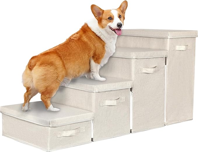 Dog Stairs with Storage, 4-Step Folding Pet Steps for Small Dogs and Cats, Pet Steps Storage with Zip, Pet Stairs for High Bed, Couch and Car Ramp (Beige, 4 Steps no Condo)-PurrikoPets
