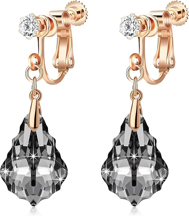 Austrian Crystal Baroque Drop Clip On Dangle Earrings for Women Non Pierced 14K Rose Gold Plated Hypoallergenic Jewelry