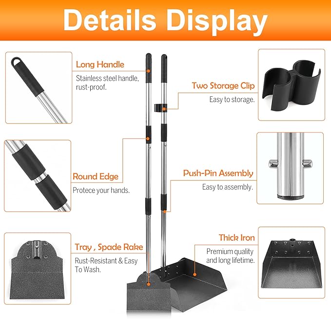 Dog Pooper Scooper for Large Dogs, Metal Aluminum Tray and Spade Poop Scoop Set with Adjustable Stainless Steel Long Handle, Pet Waste Removal Heavy Duty Poop Scooper-PurrikoPets