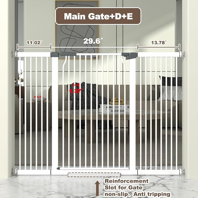 41" Extra Tall Cat Gate for Doorway, 54.8-57.4'' Metal Pet Baby Safe Gate, Extra Wide Pressure Mounted Child Door with Expansion Kit, No Drilling Cat Fence Indoor, No Climb Baby Proof Gate, White-PurrikoPets