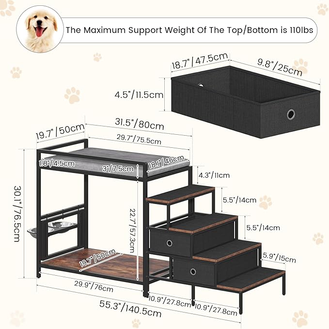 Dog Window Perch with 360° & Adjustable Raised Feeder, Pet Bunk Bed with Removable Stair and 2 Drawers, Elevated Platform Bed, Pet Elevated Seat with Cushion, Paw-Friendly Ladder-PurrikoPets