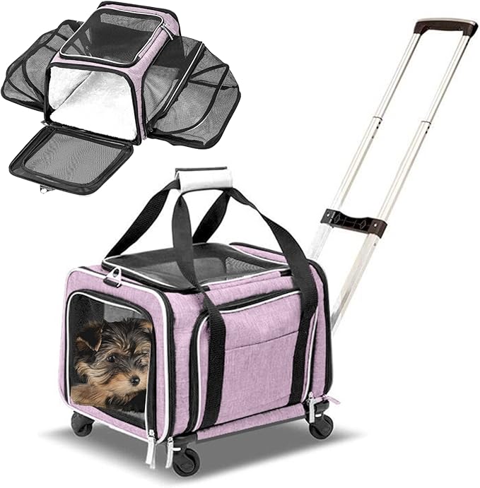 Airline Approved Expandable Premium Pet Carrier on Wheels- Two Sided Rolling Carrier- Designed for Dogs & Cats- Extra Spacious Soft Lined Carrier! - Pink (RL-PET-CARRIER-WHEELS)-PurrikoPets