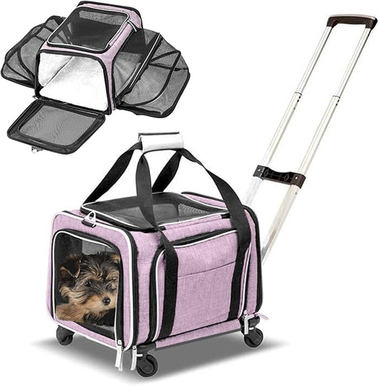 Airline Approved Expandable Premium Pet Carrier on Wheels- Two Sided Rolling Carrier- Designed for Dogs & Cats- Extra Spacious Soft Lined Carrier! - Pink (RL-PET-CARRIER-WHEELS)-PurrikoPets