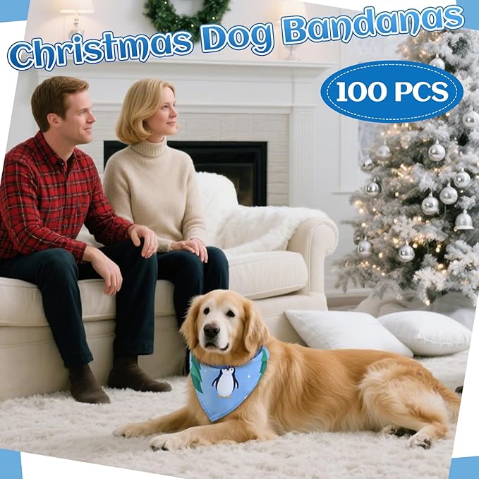 100 Pcs Winter Dog Bandanas Bulk Pet Bibs Blue Triangle Scarf Snowflake Pet Bandanas for Medium Large Dogs Winter Snowflake Christmas Party Holiday Festival Costume Decor-PurrikoPets