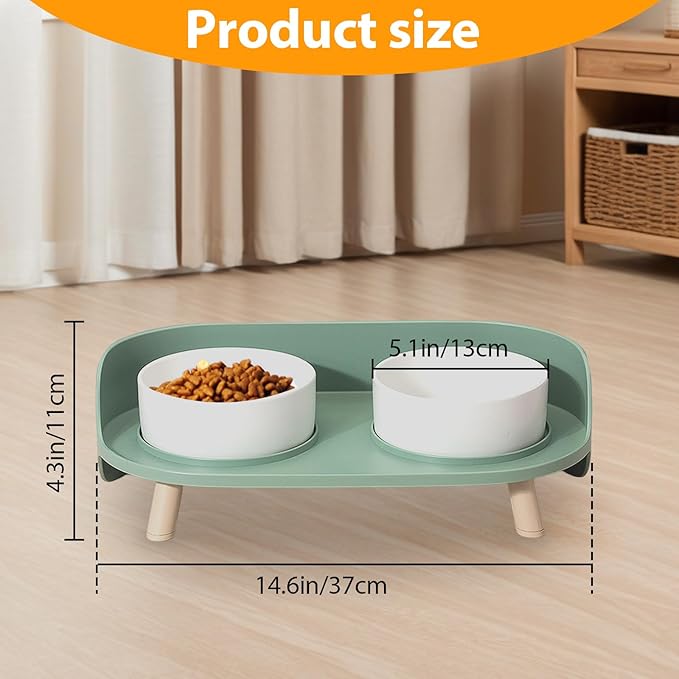 Elevated Dog Bowls Set, Ceramic Pet Food & Water Bowls with Non-Slip Stand, No Spill Design for Cats/Small Medium Dogs Green-PurrikoPets