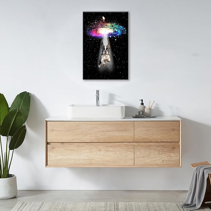 Funny Dog Wall Art Canvas Boston Terrier Wall Decor Prints Framed Painting Bulldog Galaxy Pictures Gifts Artwork for Bathroom 16"x24"-PurrikoPets