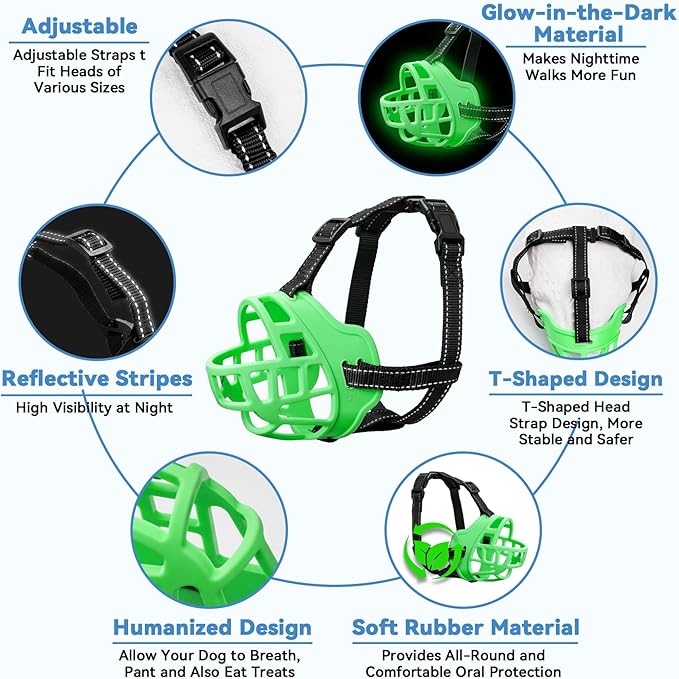 Dog Muzzle for Large Dogs, Breathable Basket Muzzles for Small, Medium and X-Large Aggressive Dog, Allows Panting Drinking, Suitable for Grooming Trimming Training (3, Luminous Green)-PurrikoPets