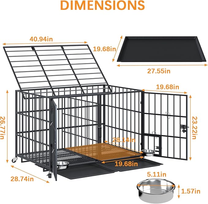 aboxoo 42/48 inch Heavy Duty Metal Dog Crate for 2 Dogs/Large Dog,All Metal Open Top Stackable,Dog Kennel Indoor with Wheels,Floor Grid, Tray, Divider and Feeding Bowl-PurrikoPets