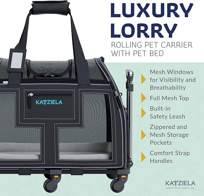 Airline Compliant Pet Carrier - Rolling Portable Travel Carry Crate for Small Dog, Puppy or Cat - Soft Removable Wheeled Design with Mesh Window Sides - Airplane and TSA Compliant- by Katziela-PurrikoPets