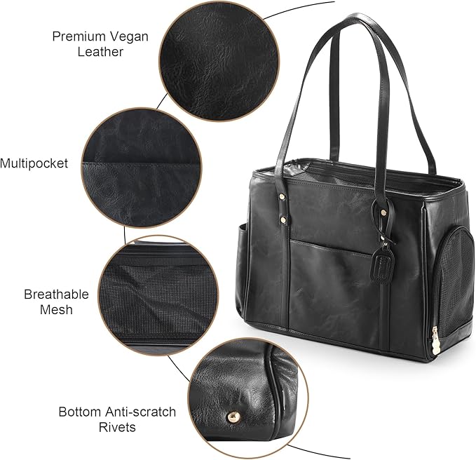 Fashion Dog Carrier Purse, Premium Leather Cat Carrier Bag, Airline Approved Soft Sided Pet Travel Tote Bag with Pockets Black-PurrikoPets