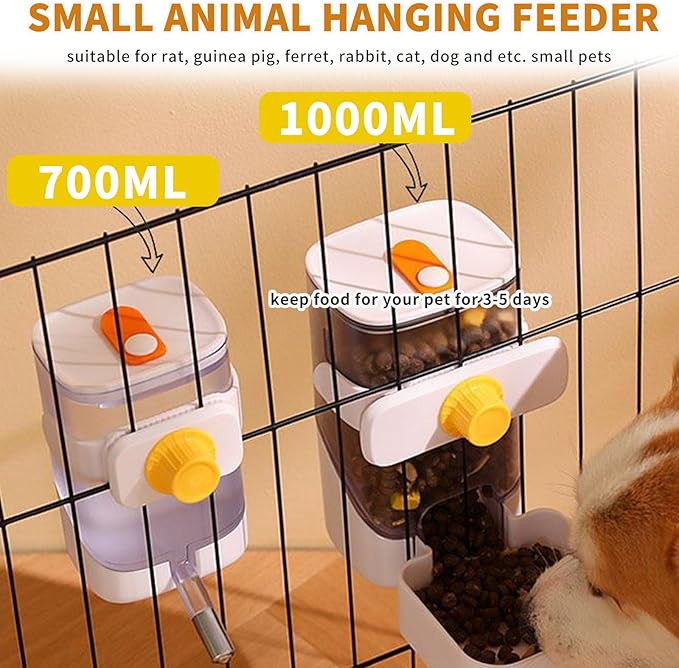 34oz Automatic Rabbit Feeder for Cages, Hanging Auto Bunny Food Bowl Dispenser Small Aniaml Cage Accessories for Ferret Guinea Pig Rat Rabbit Cat Puppy (White)-PurrikoPets